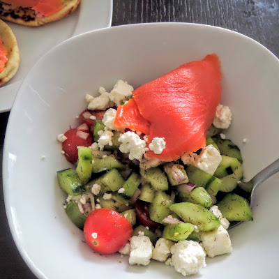 Cucumber and Tomato Dill Salad:  A light and fresh salad with cucumbers and tomatoes tossed in a lemon dill vinaigrette then topped with smoked salmon and feta.