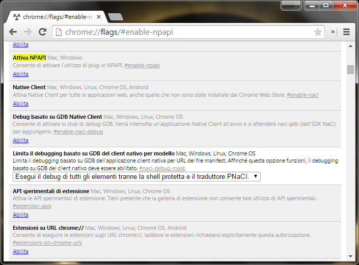 La pagina contenente il flag da modificare per riattivare i plugin NPAPI La pagina contenente il flag da modificare per riattivare i plugin NPAPI