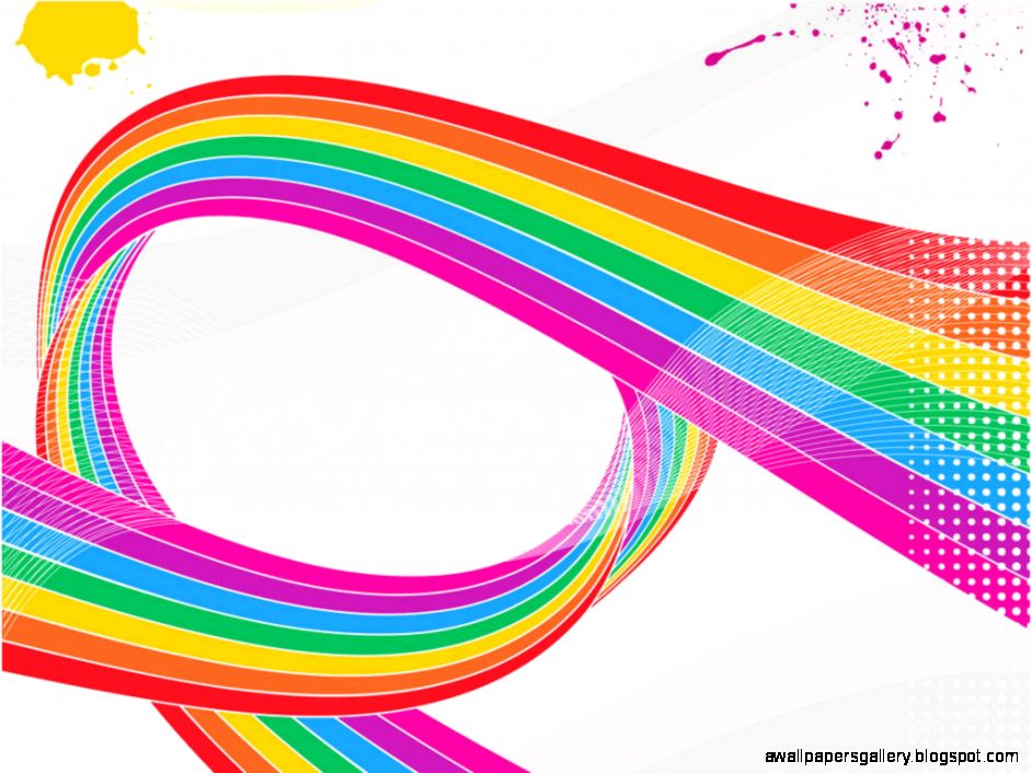 Swriling rainbow ribbon with half tone pattern and paint splats Swriling rainbow ribbon with half tone pattern and paint splats