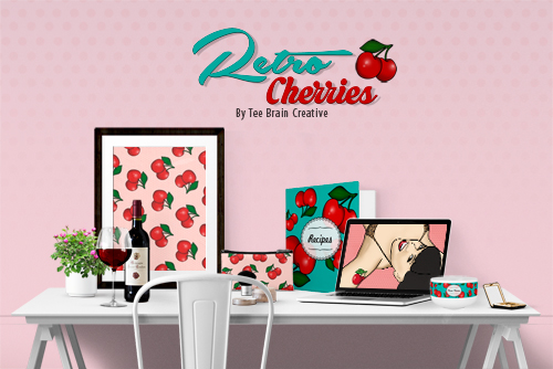 Retro cherry print pattern on a full range of products and gifts, including fabric!