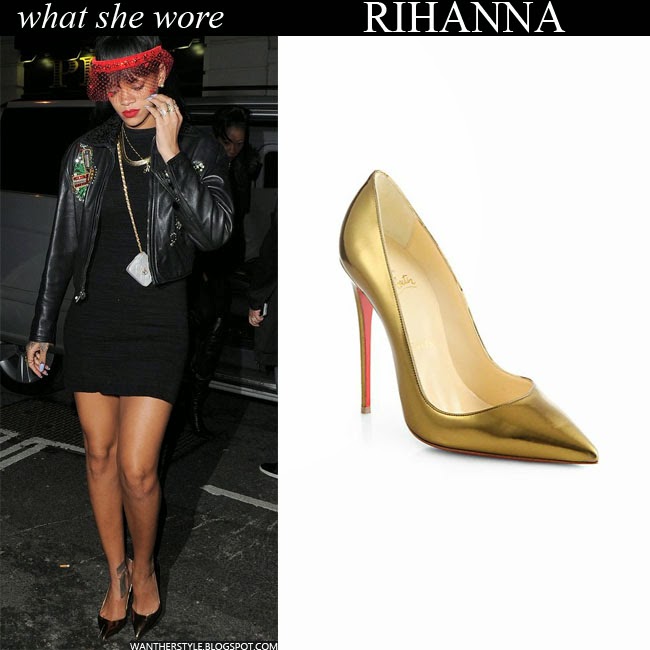WHAT SHE WORE: Rihanna in black mini dress with gold metallic pointed toe  pumps in London on March 27 ~ I want her style - What celebrities wore and  where to buy