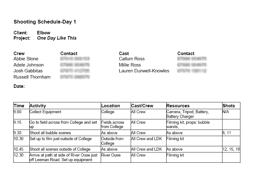 shooting schedule