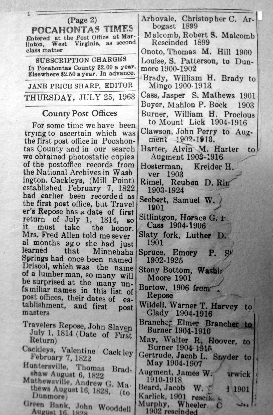 Pocahontas Commentator Plus Post Offices of Pocahontas County