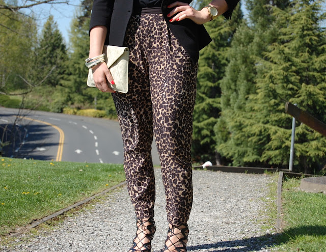 Leopard harem pants, Helmut Lang Cusp blazer, Gap clutch and Prabal Gurung for Target cage heels.