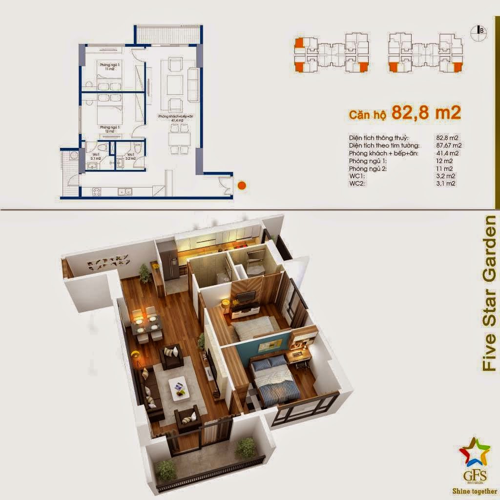 Thiết kế căn hộ 82,8 m2 Chung cư Five Star Kim Giang