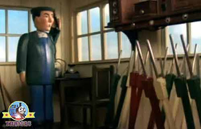 Duck the tank engine guard phoned the signal man to switch Gordon the train to the middle track line