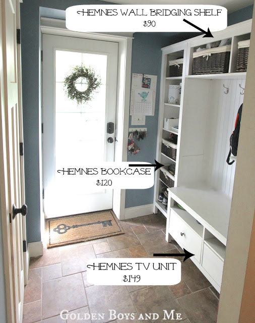 Golden Boys and Me Mudroom {repurposed Ikea Hemnes bookshelves}