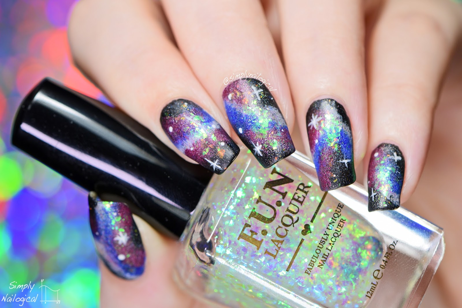 Simply Nailogical Galaxy nail art with holo and flakies