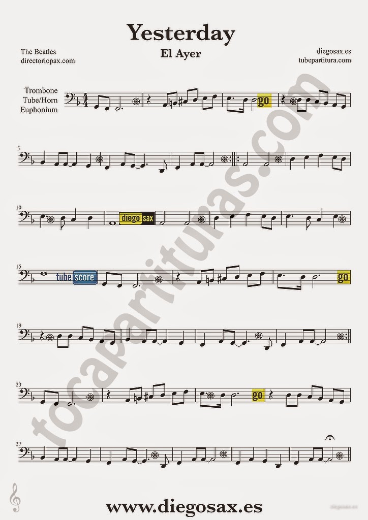 tubescore Yesterday by The Beatles Sheet music for Trombone Pop Rock
