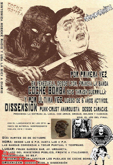Flyer de COCHEBOMBA + DISSENSION en Caracas, martes 30 de oct. 2012