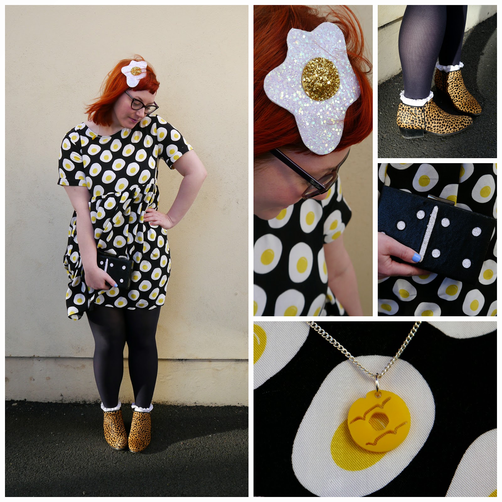 Egg themed outfit, food outfit, food style, The Whitepepper egg dress, Luna on the Moon glitter egg brooch hair clip, Nikki McWilliams party ring necklace, Duo leopard print ankle boots, frilly socks, birthday outfit, scottish blogger, Next domino clutch bag, red head, ginger blogger