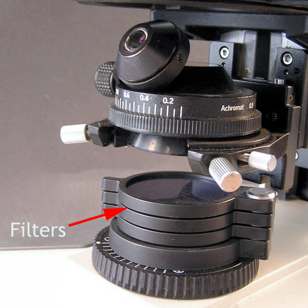Microscope image showing swing-out filter holders above the light source.