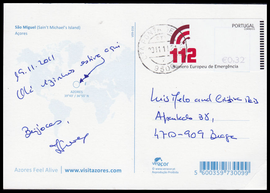 Sent & Received PORTUGAL Postcard from Ponta Delgada, Portugal to
