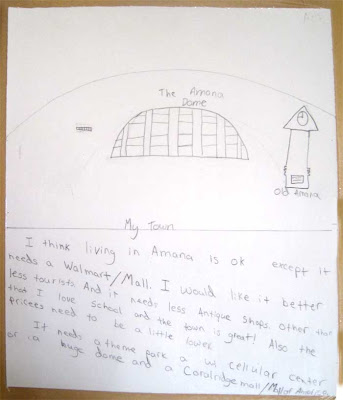 Child's note with drawings of a clock tower and a domed building