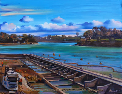 North Barangaroo Headland Park - plein air oil painting of construction of North Barangaroo Headland Park from my studio at Moore's Wharf by marine and industrial heritage artist Jane Bennett