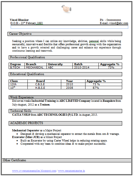 Over 10000 CV and Resume Samples with Free Download: B Tech Mehanical