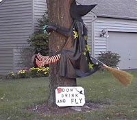witch crashed into tree funny halloween joke front garden display