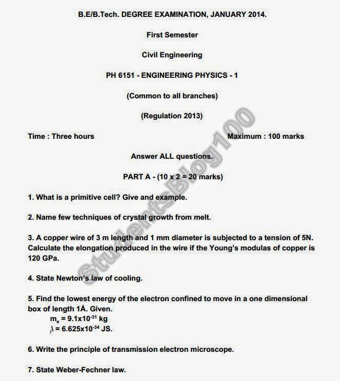 PH 6151 ANNA UNIVERSITY PHYSICS1 JAN2014 PREVIOUS YEAR QUESTION PAPER