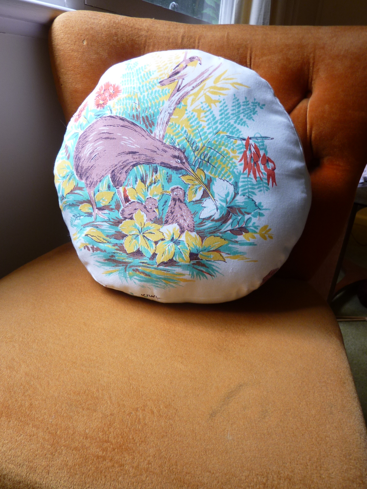 born again creations 37. Round Box Cushion made from Vintage Scraps