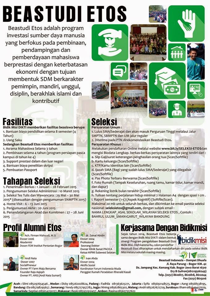 Beasiswa Kuliah Gratis 2015 Lewat BEASTUDI ETOS Beasiswa Kuliah Gratis 2015 Lewat BEASTUDI ETOS