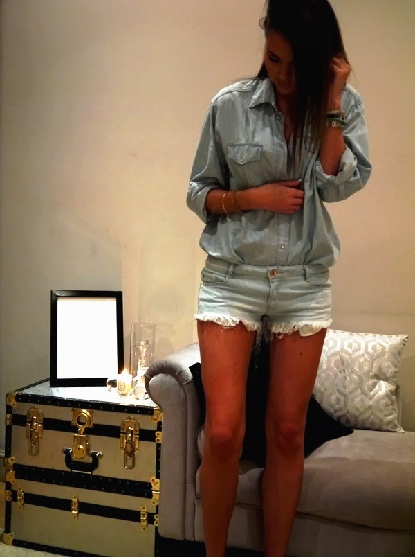 Denim shirt and shorts with Hermes and crystal arm candy bracelets