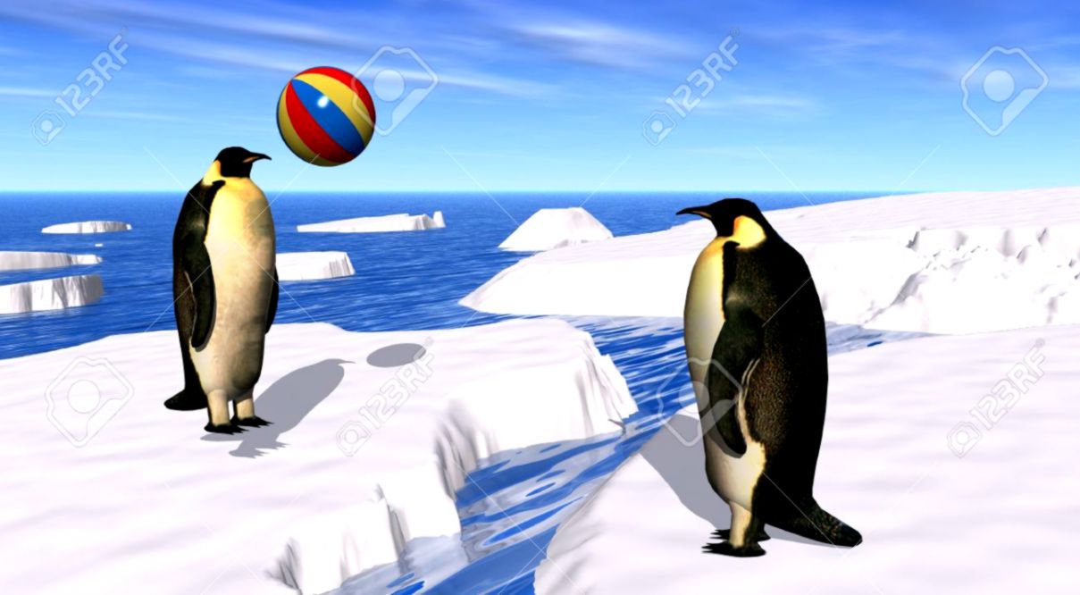 3D Render Of Two Penguins Playing With A Beach Ball In A Polar