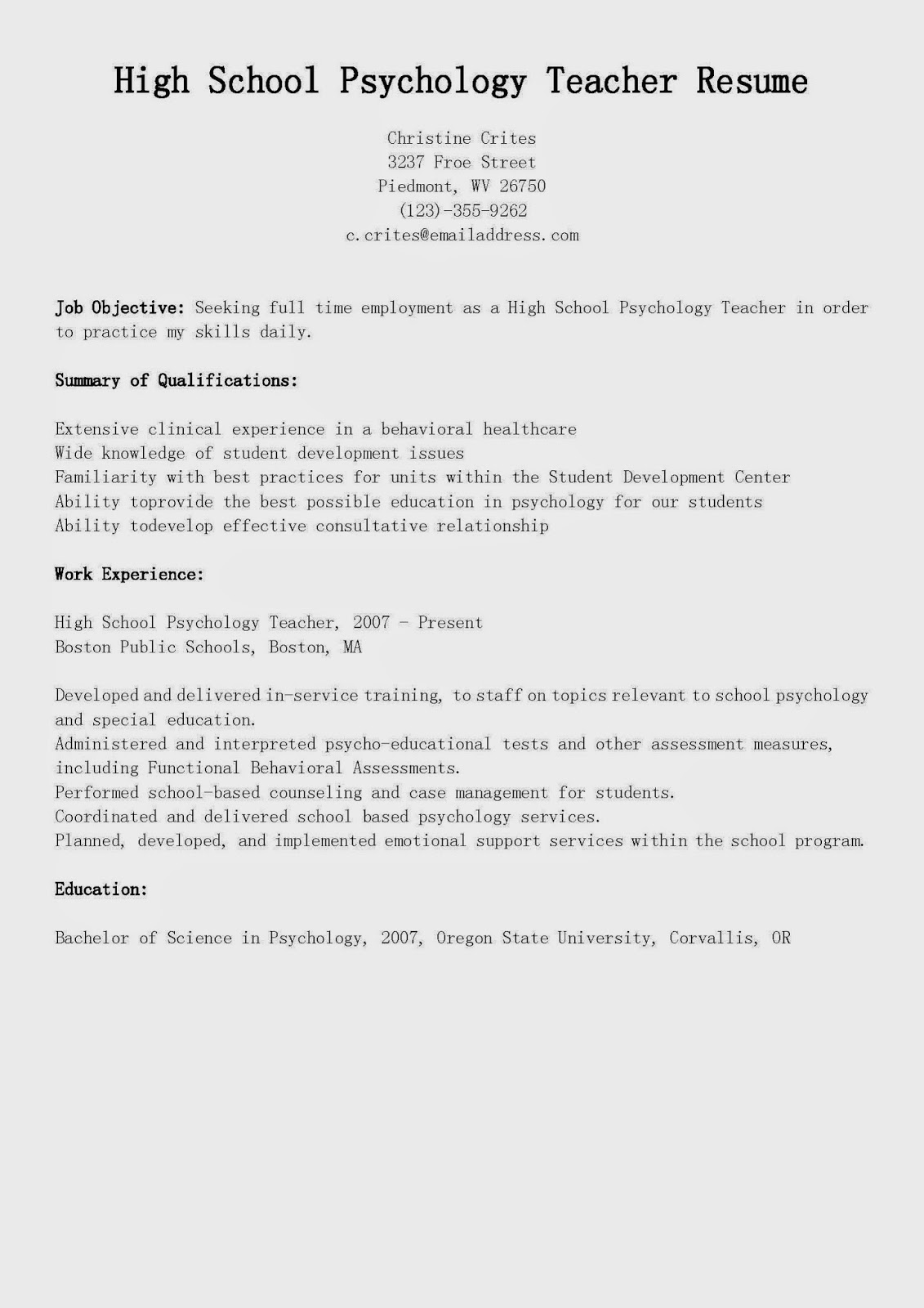 psychology sample resumes