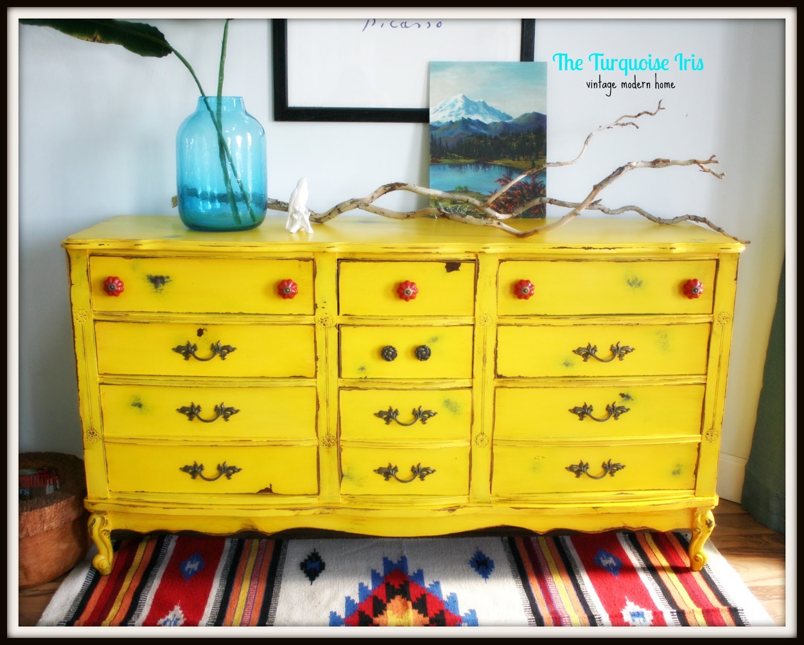 The Turquoise Iris Furniture & Art Vintage Yellow Distressed French