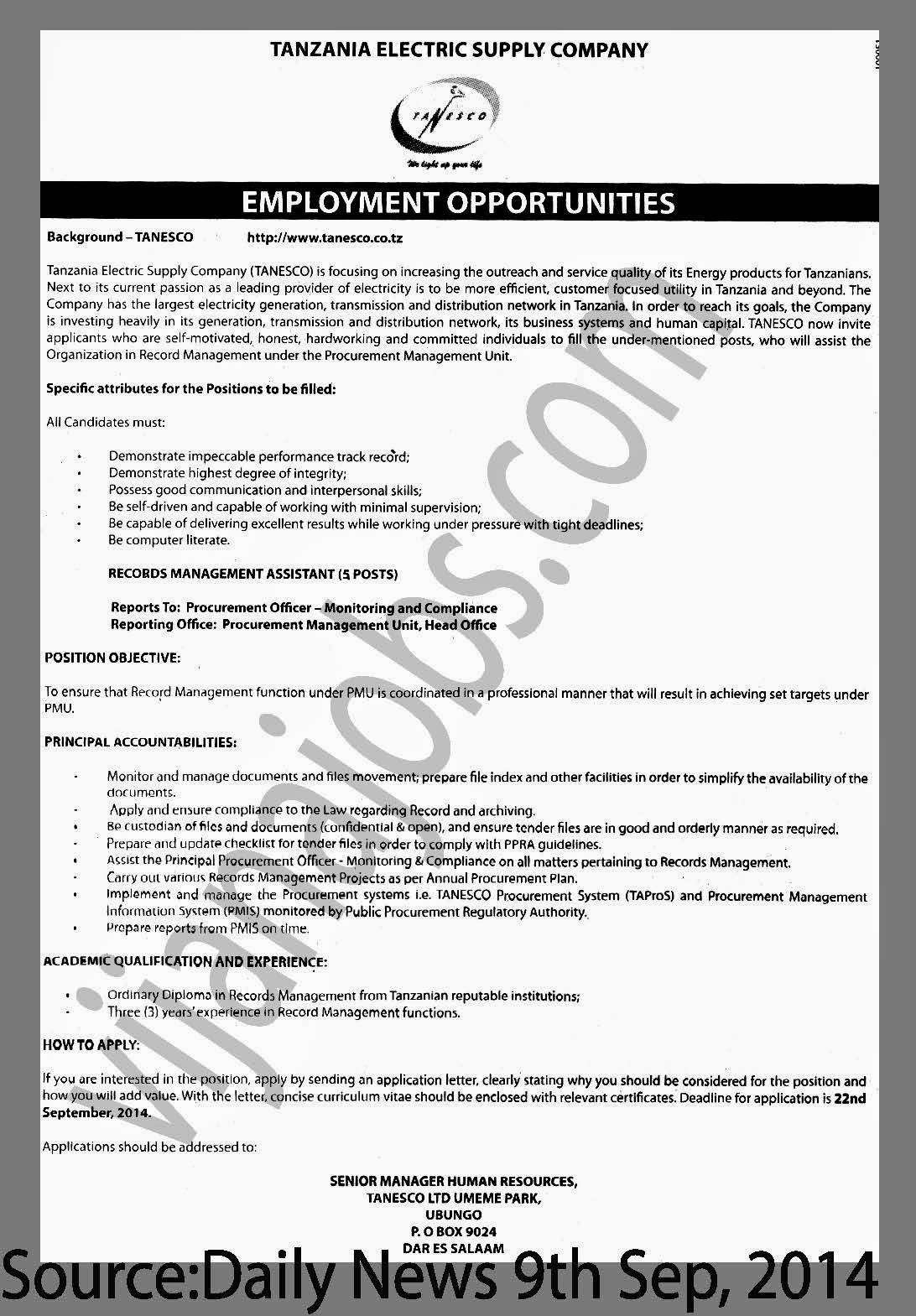 NAFASI YA KAZI KWA RECORDS MANAGEMENT ASSISTANT TANESCO CAPITAL TZ