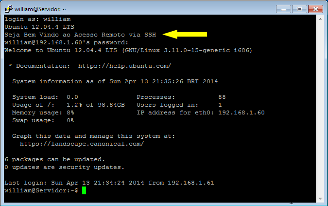 Testando conexão SSH no terminal do Ubuntu Server Testando conexão SSH no terminal do Ubuntu Server