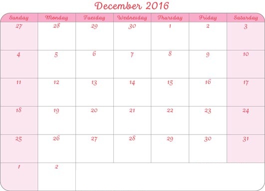 December 2016 Calendar with Canadian Holidays Free, December 2016 Printable Calendar  Cute Word Excel PDF Template Download Monthly, December 2016 Blank Calendar Weekly