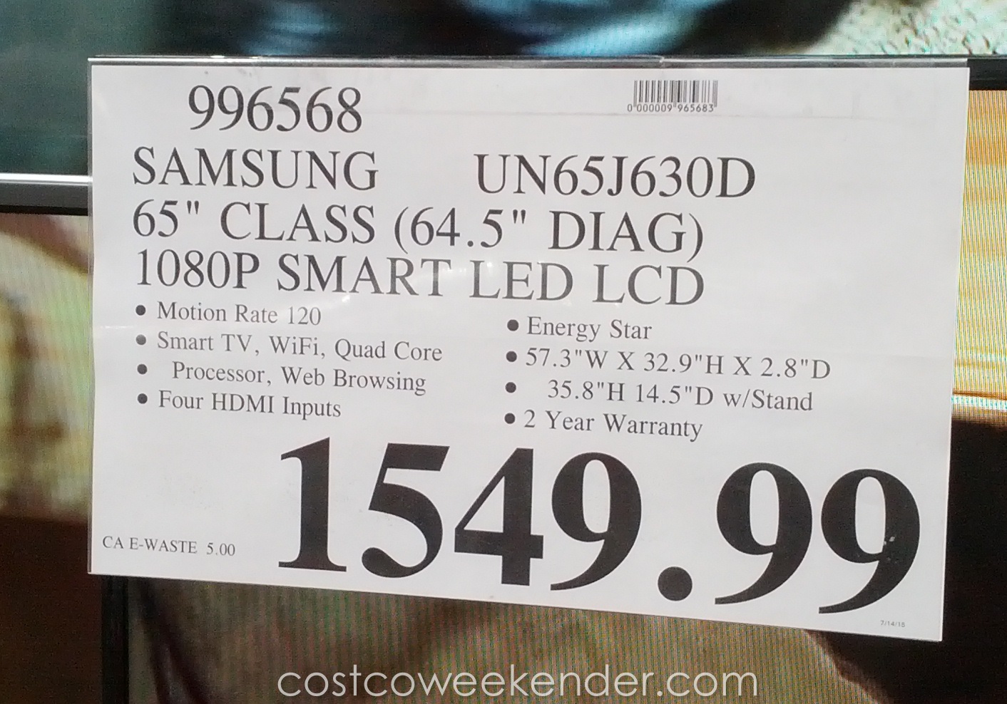 Samsung UN65J630DA 65" LED LCD HDTV Costco Weekender