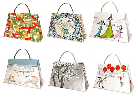 No son de tela, pero no puedo resistirme a hablar de estos bonitos bolsos de papel de HERMES (Kelly Bag) cuya plantilla en PDF podía descargarse