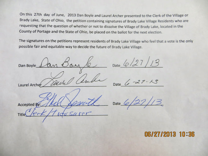 The petition to dissolve Brady Lake Village(BLV)had 139 signatures.