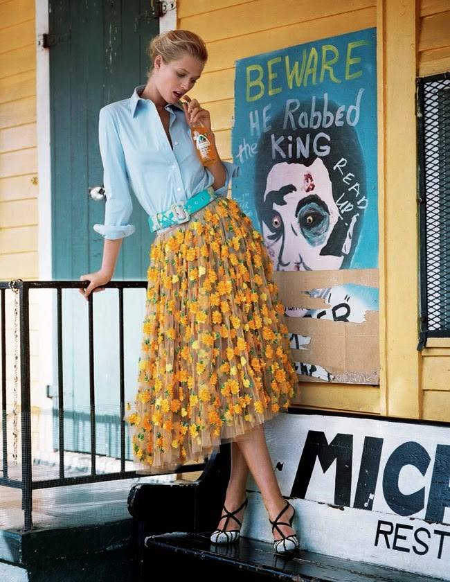 (Elle Italia February 2015, Toni Garrn Michael Kors 2015 SS Yellow Marigold Floral Embroidered Tulle Skirt Editorials