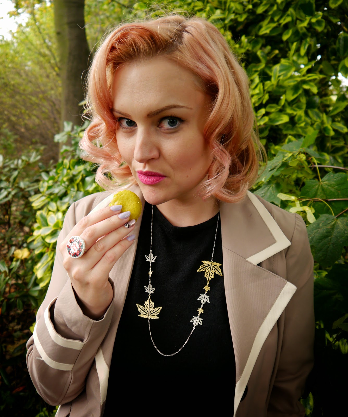 Macarons! peach hair, vintage hair, pin up, pin curl, macarons, Mademoiselle Macaron, Edinburgh, La La Land, jewellery, Autumn style, Fall, Princes Street, model, pretty