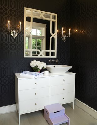 Setting for Four: Black Bathroom with Trellis Wallpaper