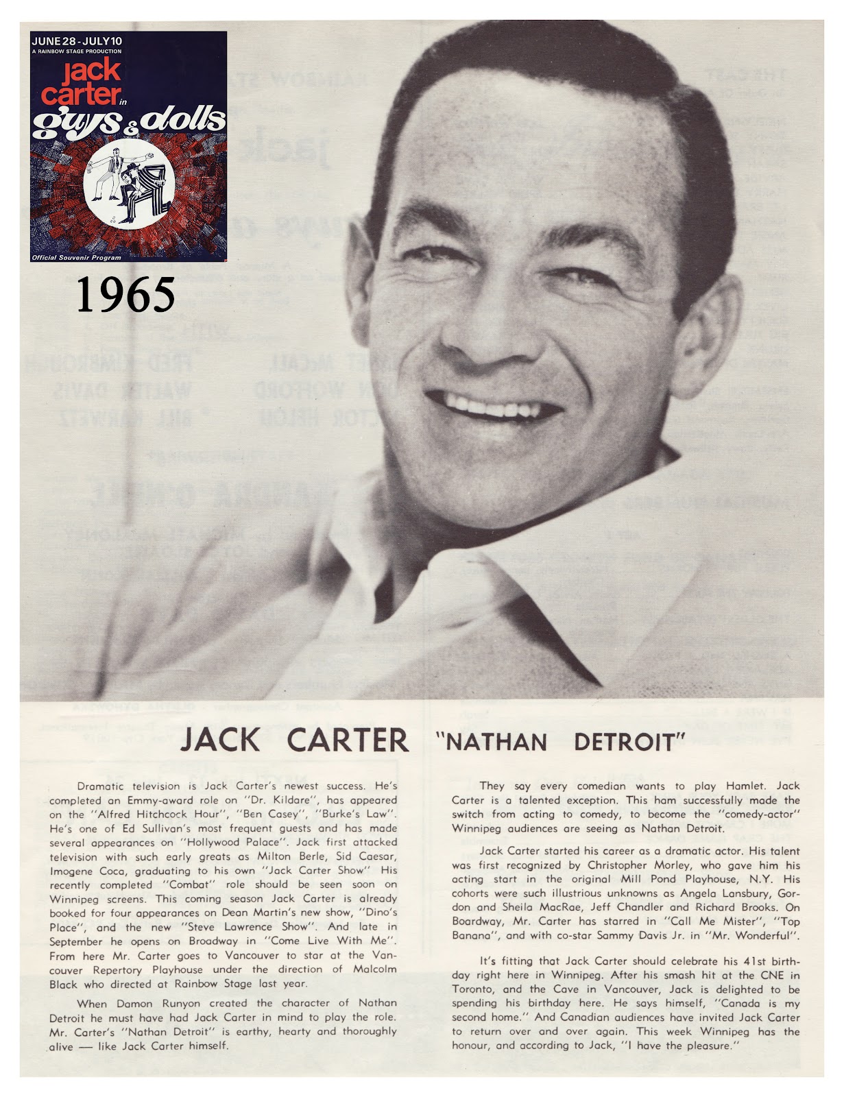 centre stage An old Rainbow Stage performer bio from Jack Carter in 1965!