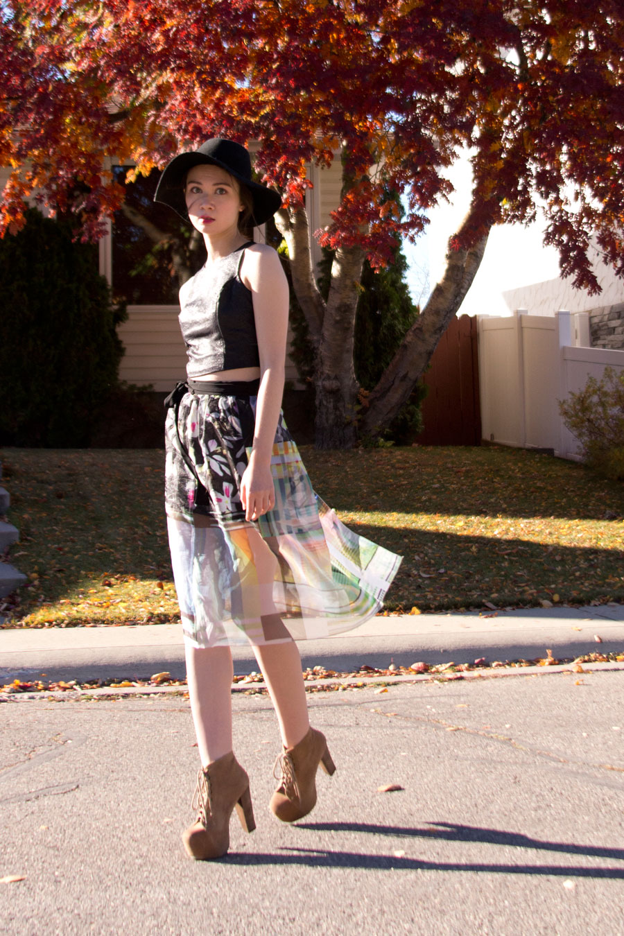 fall fashion, clover canyon, sheer skirt, crop top, felt hat, litas, jeffrey campbell, calgary fashion, anthropologie, bohemian, fashion, style, outfit of the day, personal style