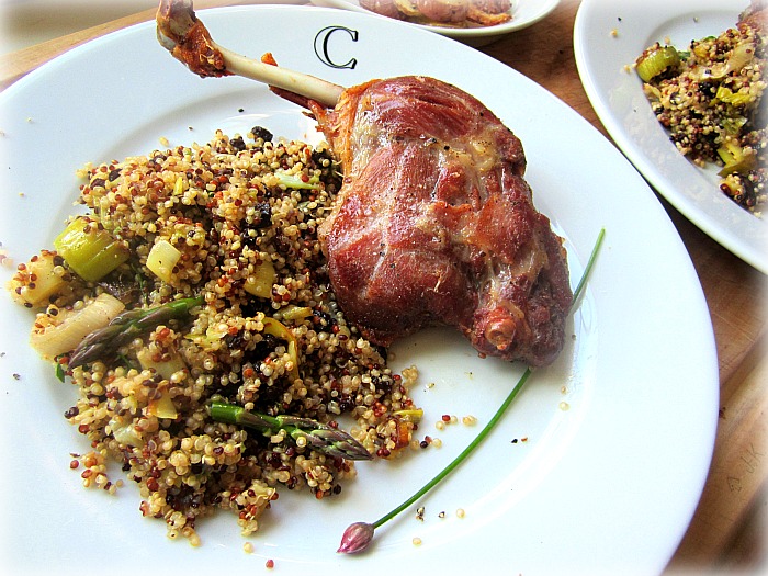 Duck Leg Confit on Quinoa w/ Roasted Leeks & Asparagus