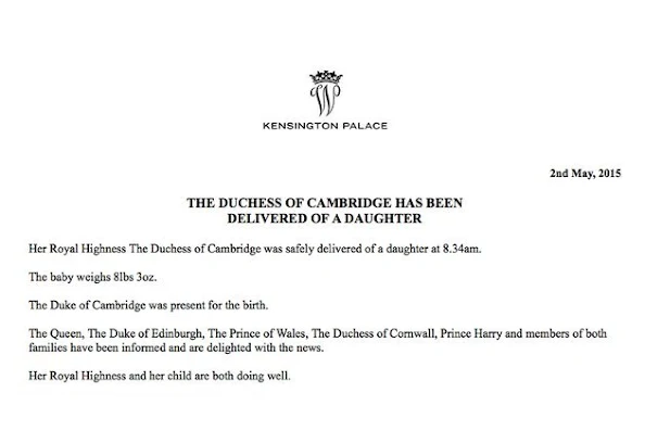  Kate, the Duchess of Cambridge, has given birth to a baby girl, royal officials said Saturday. Kensington Palace said in a brief statement that Prince William's 