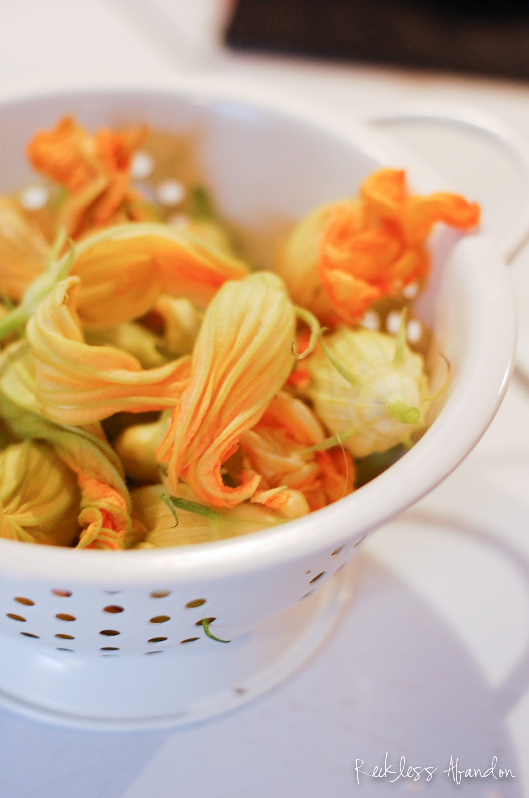Reckless Abandon Roasted Tomato Summer Spaghetti with Squash Blossoms