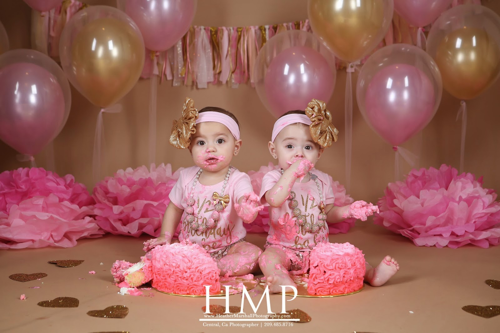 Heather Marshall Photography Turlock Photographer Pink + Gold Cake Smash Half Birthday Cake