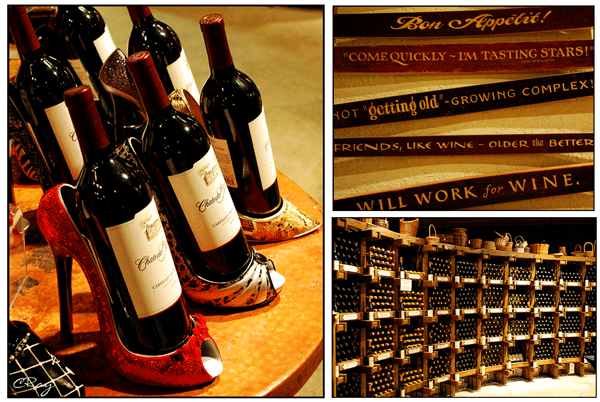 Chateau St. Michele Winery cellar storage, wine bottles displayed in high heels, wine signage