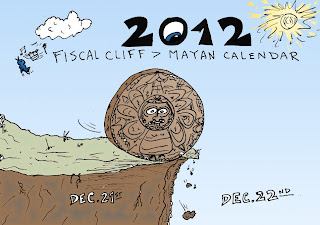 editorial business comic of the mayan calendar rolling off of the fiscal cliff