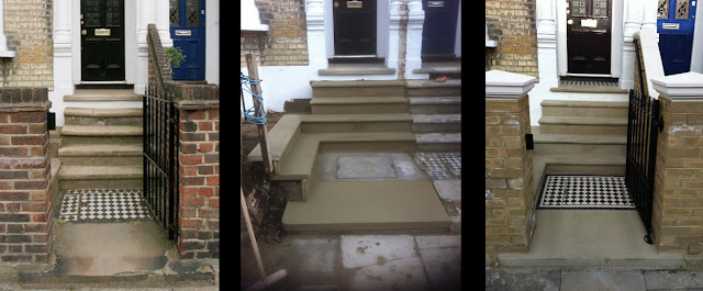 York stone steps and threshold, Victorian mosaic path, brickwork and ironwork