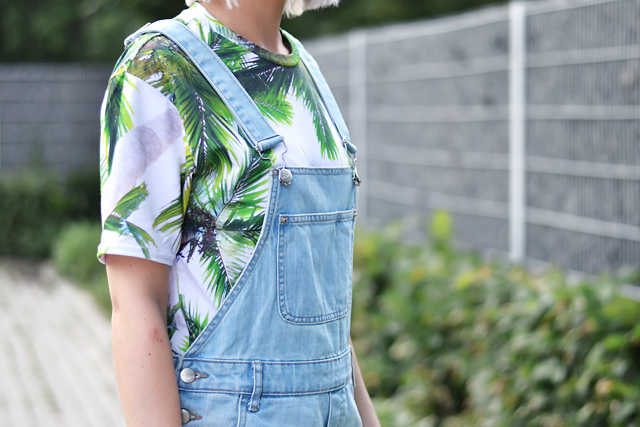 Outfit, ootd, belgian, fashion blogger, dungarees, denim, palm trees, t-shirt, mr gugu, mr gugu miss go, nike dunk sky hi, wedge sneakers, summer outfit, 2015, street style