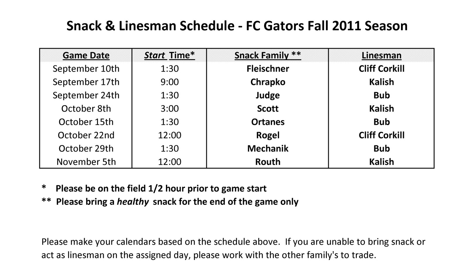 soccer snack schedule template