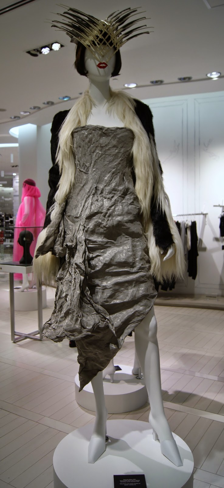 Fashion Blows Exhibit at Hudson's Bay in Toronto, Isabella, Daupne Guinness, Style, Culture, foundation, alexander mcqueen, philip treacy, suicide,the purple scarf, melanie.ps, ontario, canada, the room, Comme Des Garcons, jacket, pink tulle shirt, spring, summer, fall, winter, sculpted hat net, Deborah Milner, Silver Bustier Dress, 1930, Monkey Fur Jacket