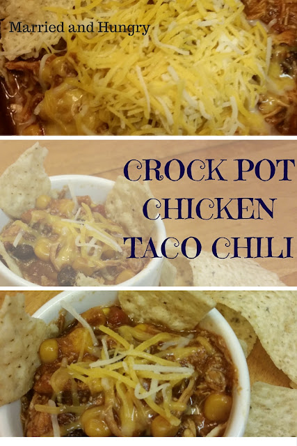 Easy crock pot chicken chili, with taco flavors and corn and beans. A great #healthy #weeknight dinner.